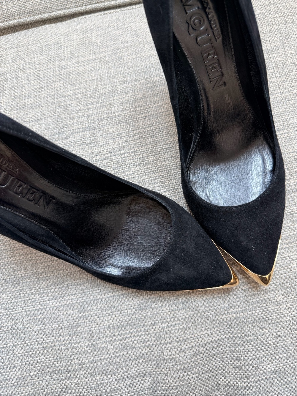 Alexander McQueen Black Suede Pointed Toe Pumps with Gold Cap